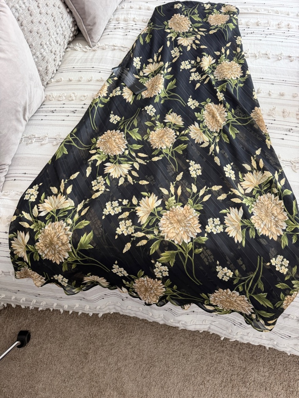 BCBGMaxAzria Black Strapless Floral Maxi Dress with Cream and Green Print